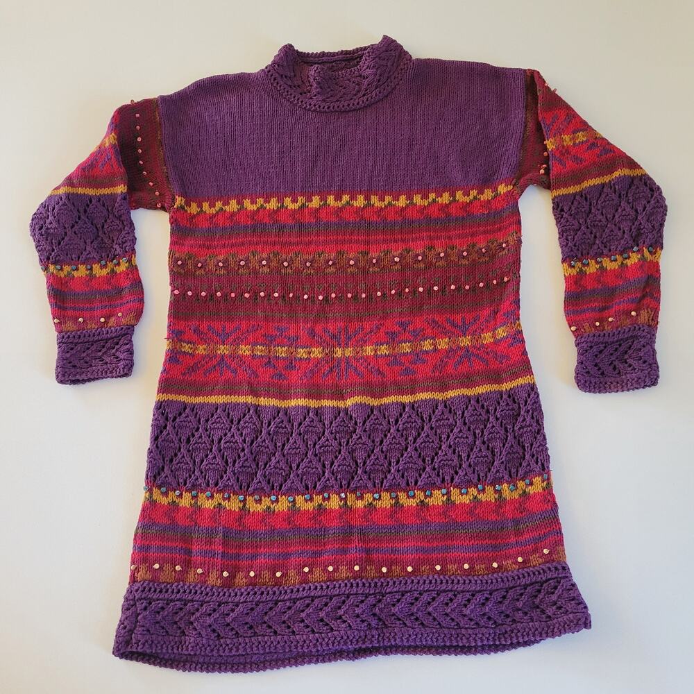 Vintage Hand Knit for The Limited Beaded Sweater Tunic Dress Size Small/Medium